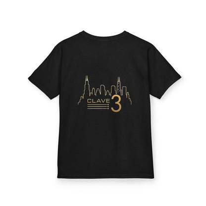 Kids Tee — “Clave 3” Gold Skyline Graphic